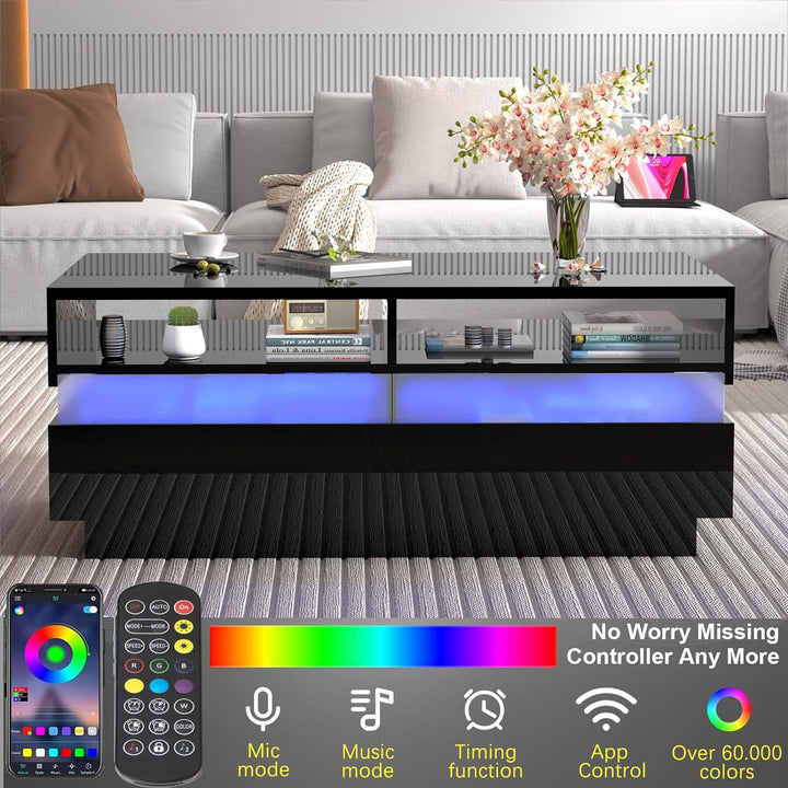 Modern High Gloss Black LED Coffee Table, 2-Tier, App Control