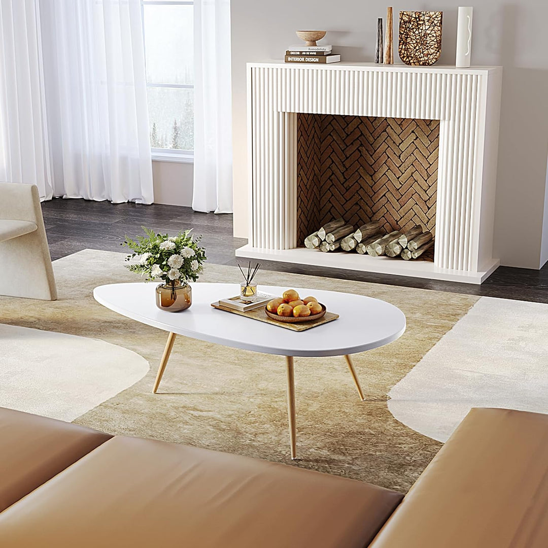 Modern Oval Coffee Table for Small Spaces, White Wood Frame