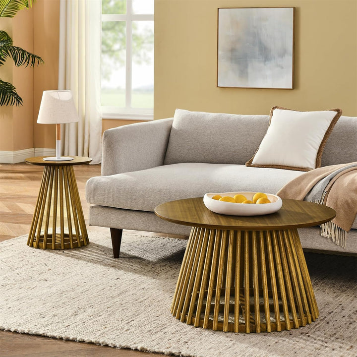 Elegant Round Coffee Table with Solid Wood Legs, Light Brown-1