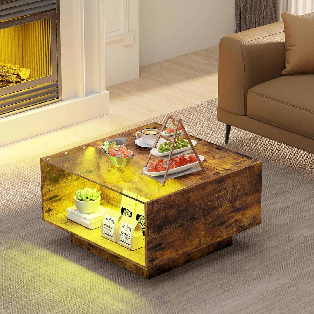 Unique LED Coffee Table with Storage, 16 Color Changing Lights, Rustic Brown