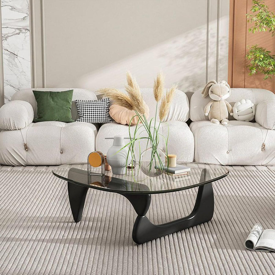 Triangle Coffee Table in Walnut, Mid-Century Modern Solid Wood Base and Triangle Clear Glass Coffee Table for Living Room, Low Minimalist Tea Table, Black Transparent