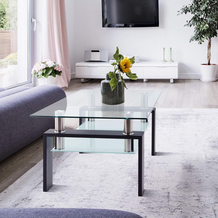 Stylish Black Glass Coffee Table, Clear Modern Side Tables