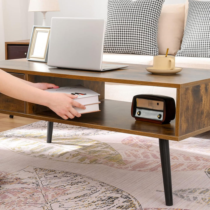 Rustic Mid-Century Coffee Table with Drawer and Shelf, Rustic Brown