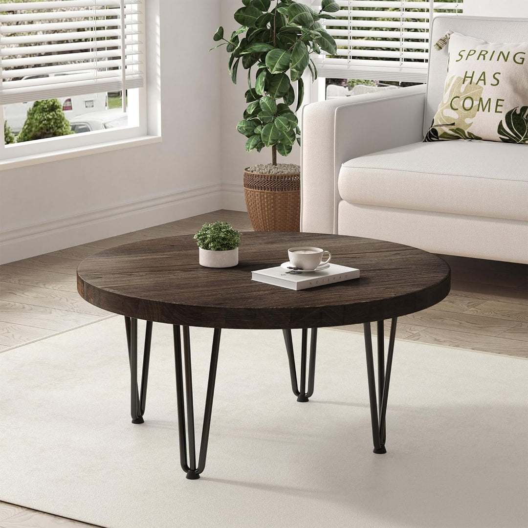 Rustic Wood Round Coffee Table, Solid Elm Top, Metal Legs, Walnut