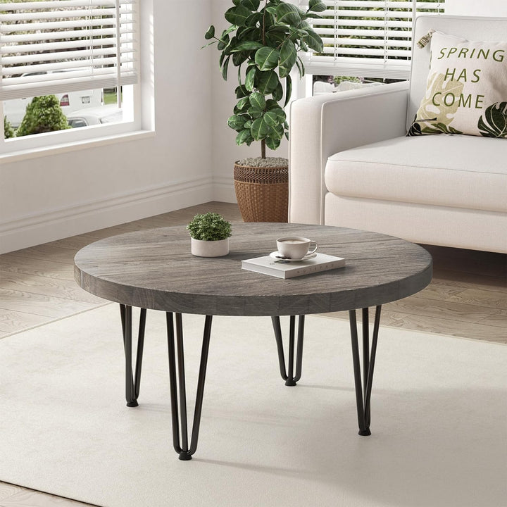 Rustic Elm Wood Round Coffee Table with Metal Legs, Grey