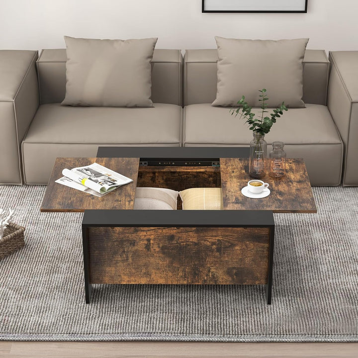 Sliding Top Coffee Table with Hidden Storage, Extendable Cocktail Table, Rustic Brown