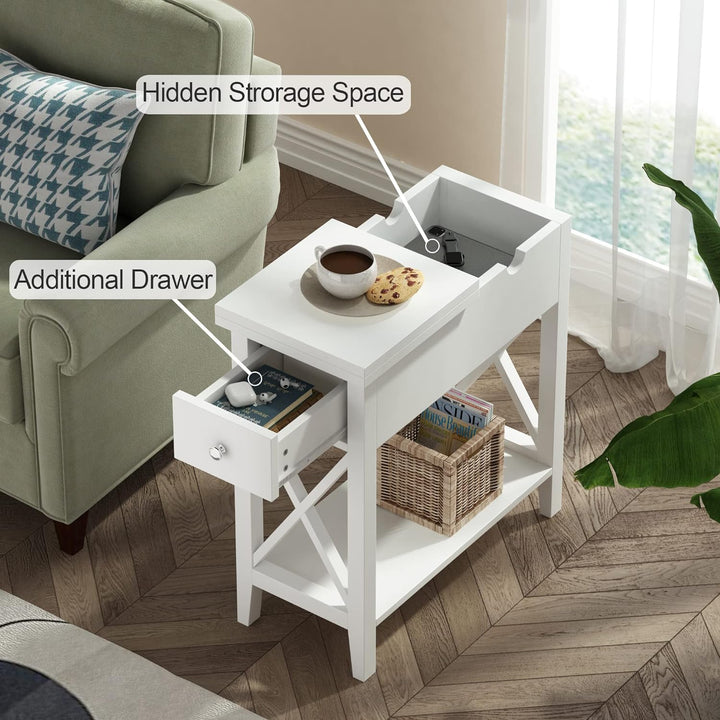 End Table with Drawer, Flip Top, White