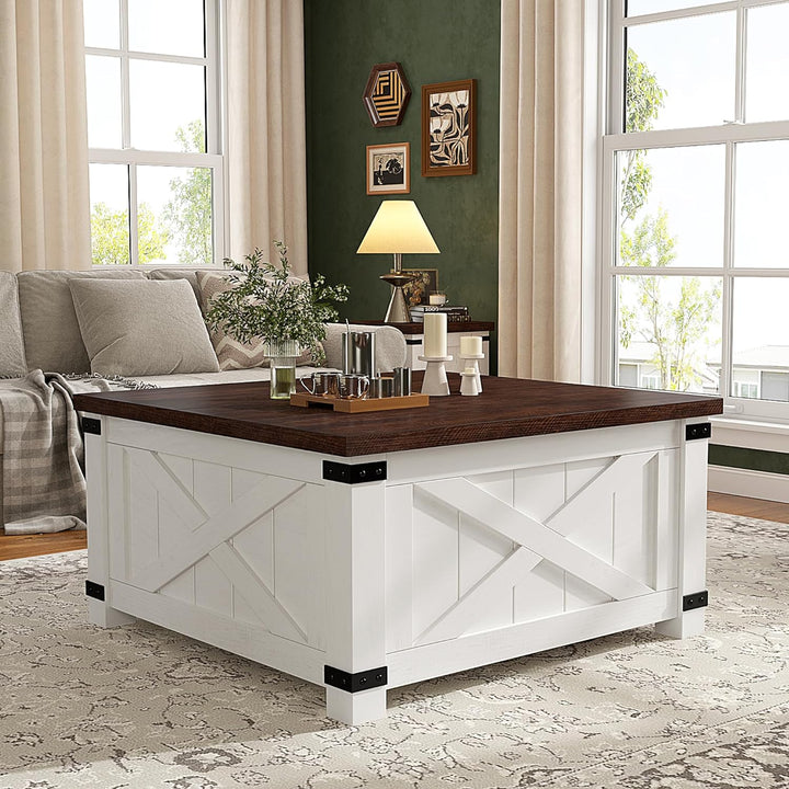 Farmhouse Coffee Table with Hidden Storage, White