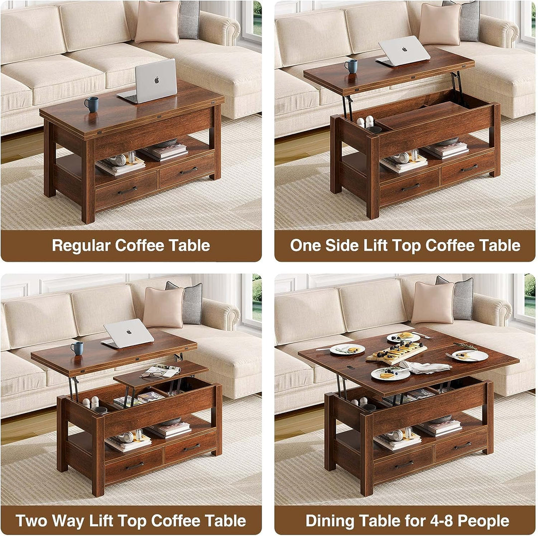 Multifunctional Coffee Table with Lift Top, Drawers, Hidden Compartment, Espresso