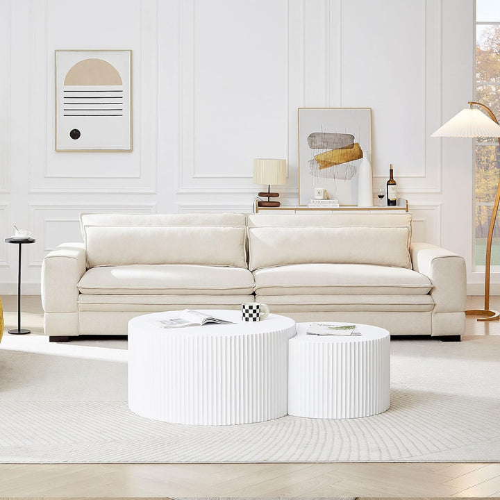 Modern Fluted Coffee Table Set, Round White Side Tables