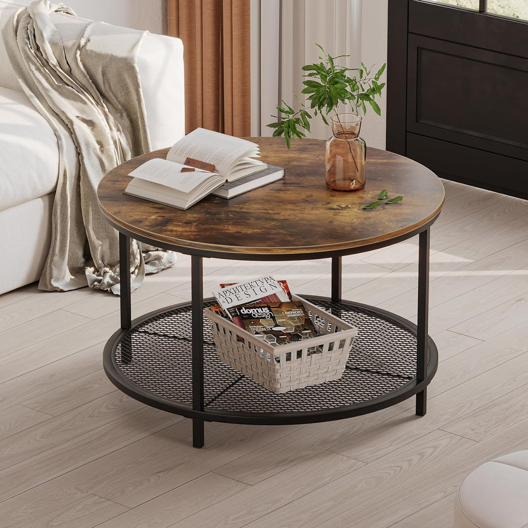 31.5" Round Coffee Table, 2-Tier Rustic Wood Living Room Table