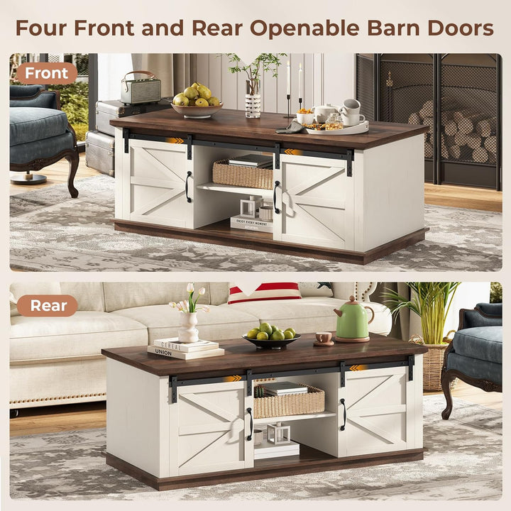 Farmhouse Coffee Table w/ Storage, Sliding Barn Doors, Rustic (White, Brown)