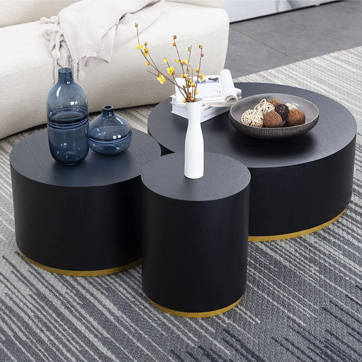 Black and Gold Round Coffee Table, Modern Circle Drum Design