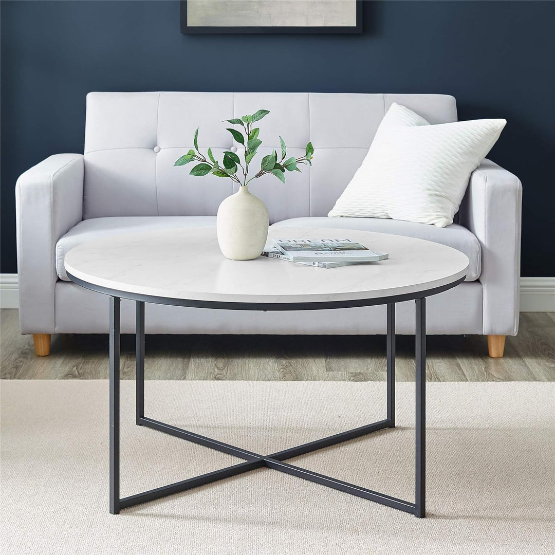 Modern Round Faux Marble Coffee Table with X Base, Marble