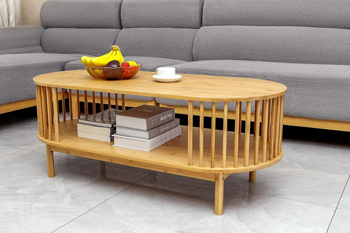 Oval Bamboo Coffee Table with 2-Tier Storage, Farmhouse Center Table, Natural