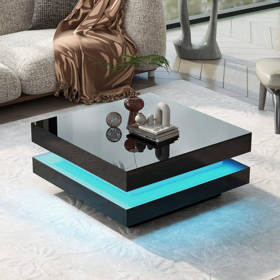 Minimalist Modern Square Coffee Table with 16-Color LED Lights, Black