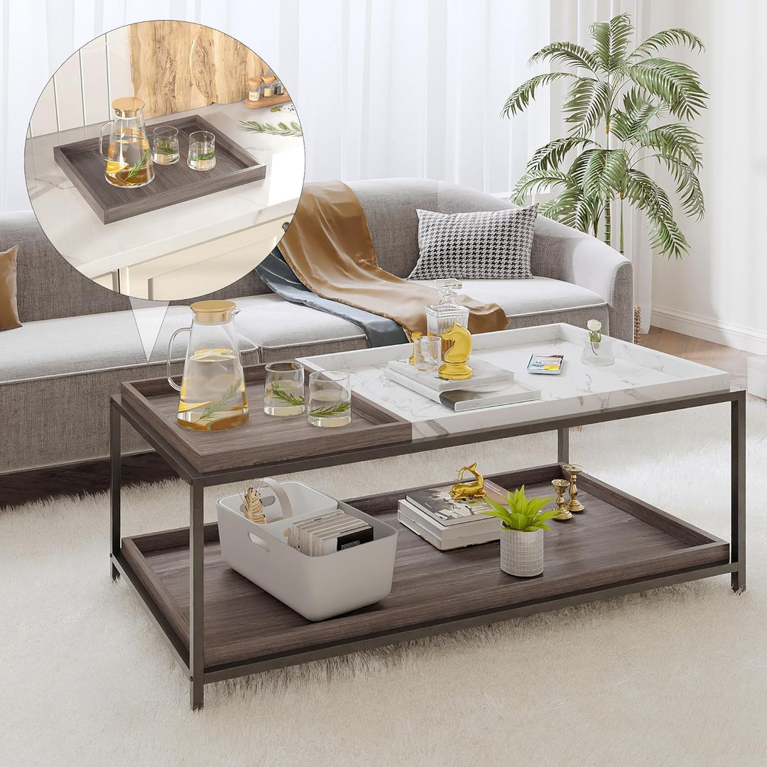 Convertible Faux Marble Coffee Table w/ Removable Trays, Walnut