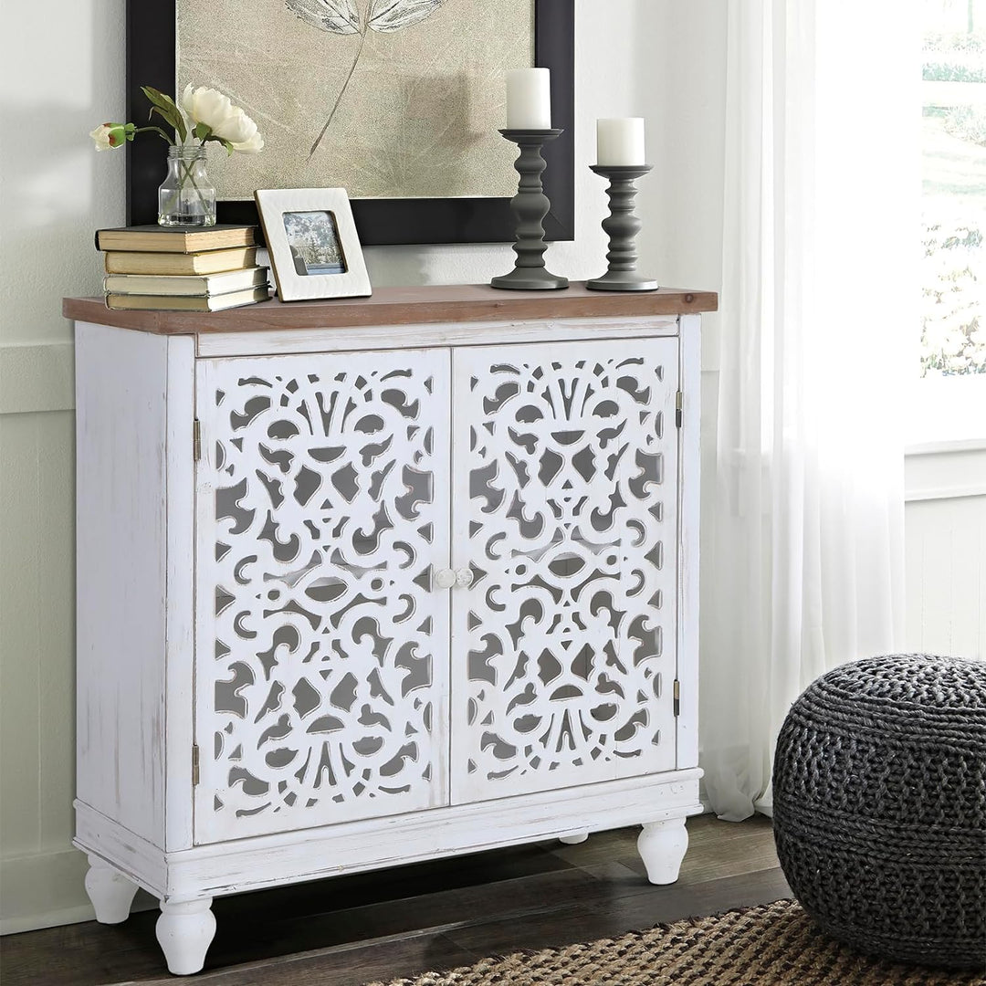 White Sideboard Buffet Cabinet, Hollow-Carved