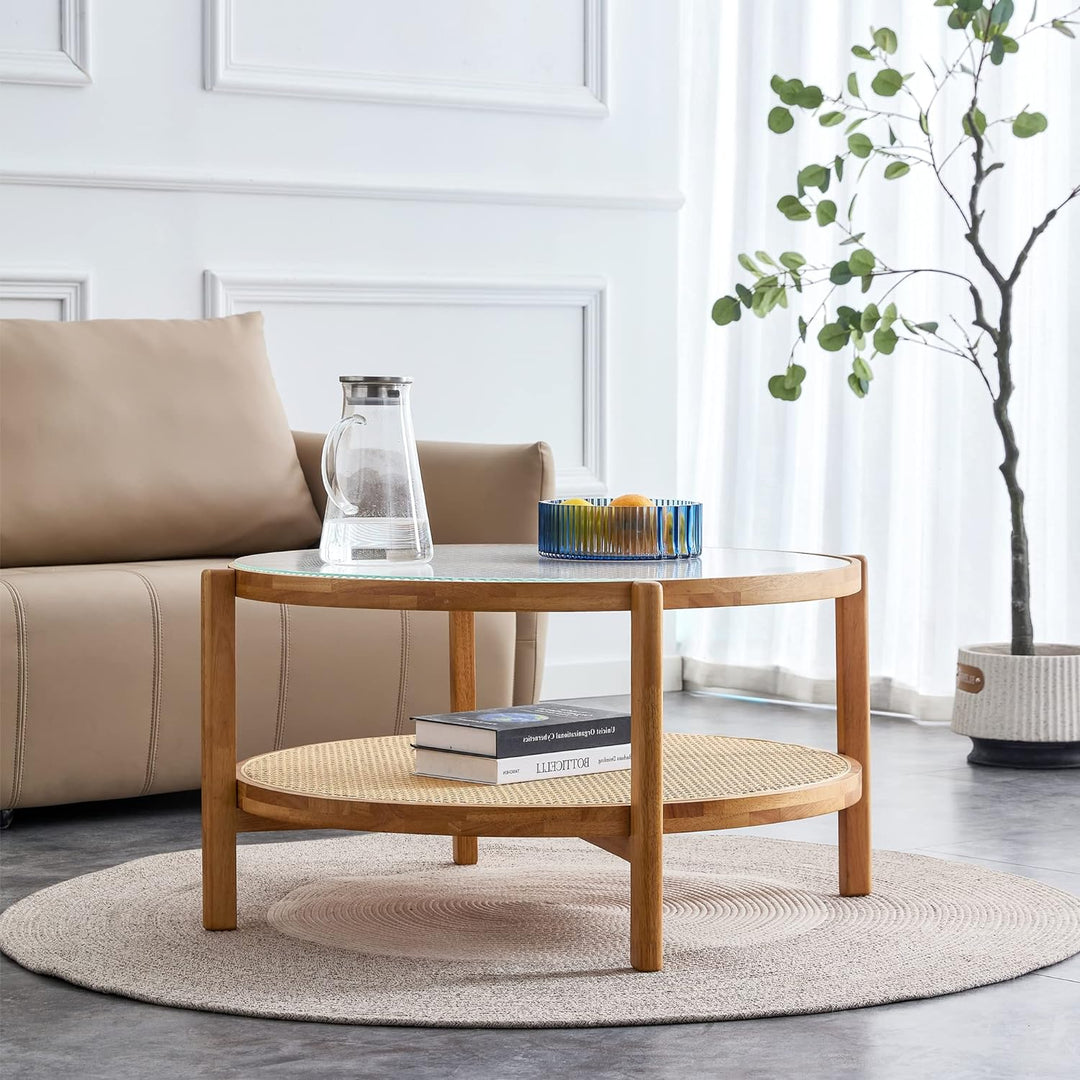 Tempered Glass Round Coffee Table, Farmhouse Circle w/ Rattan Shelf