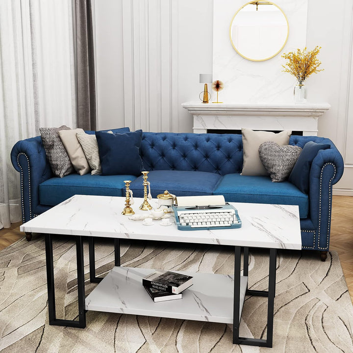 Faux Marble Coffee Table, Metal Frame, Storage Shelf, White Black