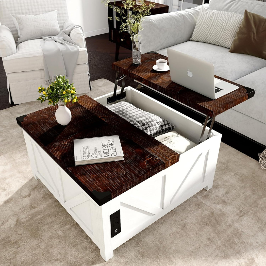 Farmhouse Lift Top Coffee Table with Storage, Wood Square Center Table with Charging Station and USB Ports, Living Room Central Table with Large Hidden Space, White