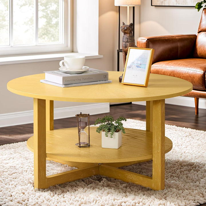 Stylish 2-Tier Round Coffee Table, Solid Wood Legs, Light Yellow