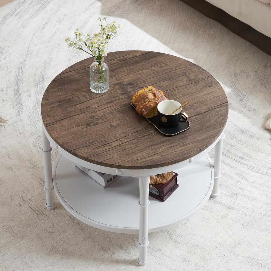 Farmhouse Coffee Table, 2-Tier Storage Wood Center Circle Accent Table, Dark Walnut White