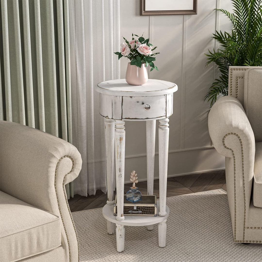 Tall End Table with Drawer Sets of 2, Round Bedside Table with Storage Shelf