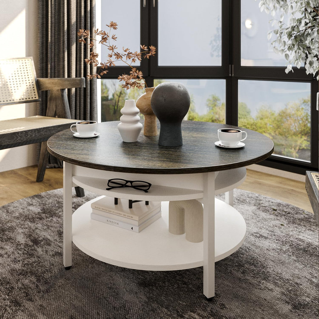 Farmhouse Round Lift Top Coffee Table with Hidden Storage, Antique White