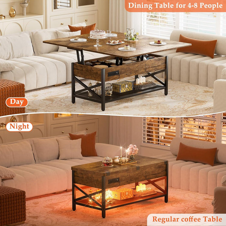 Multifunctional Coffee Table with Lift Top, LED Light, Power Outlet, Rustic Brown