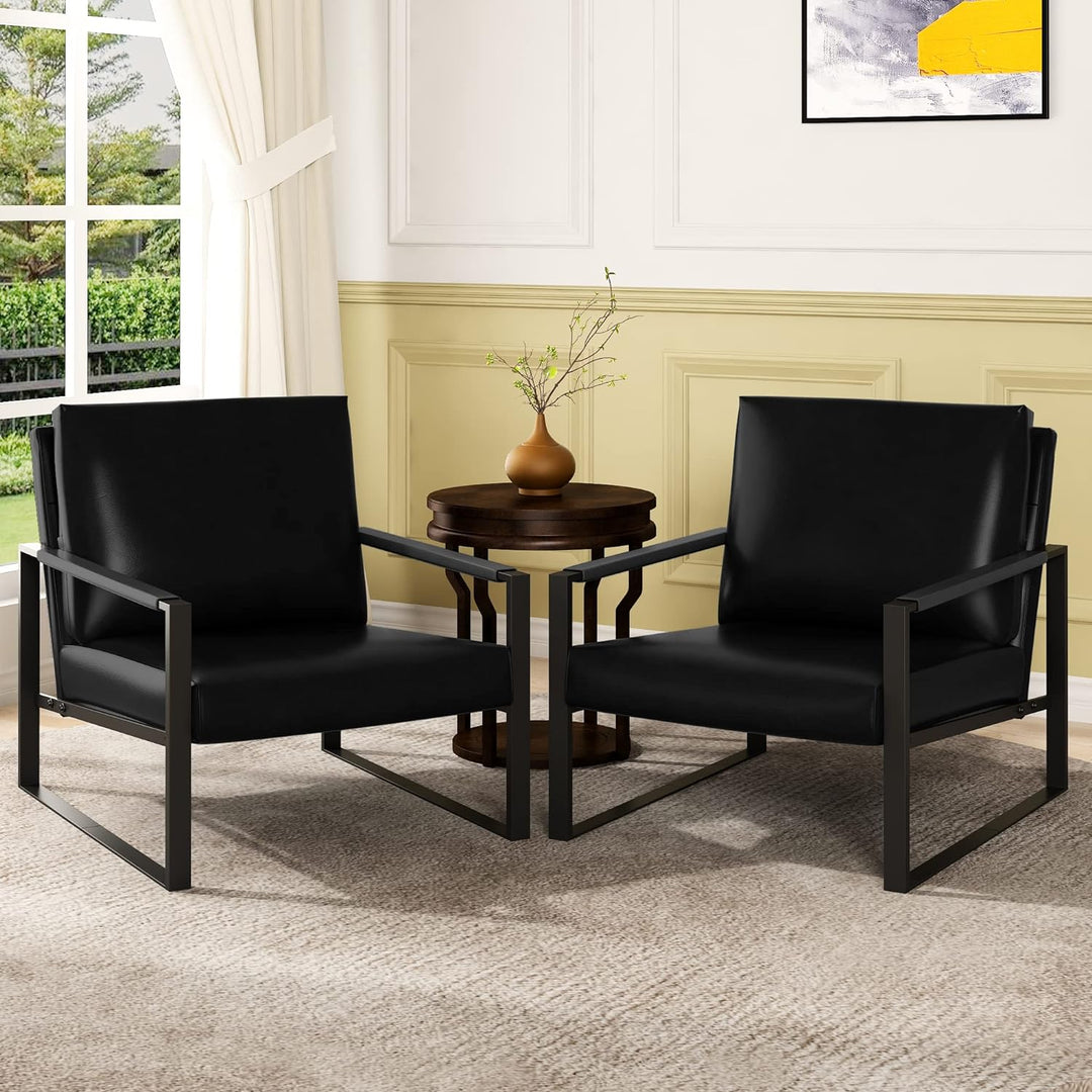 Leather Accent Chair Set of 2 Sofa Chair Black Frame