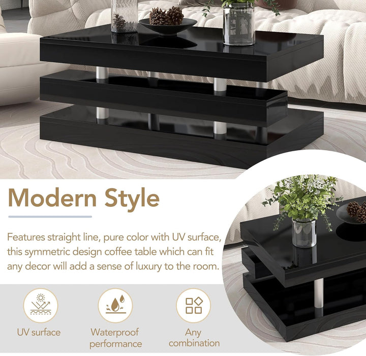 Modern 2-Tier Coffee Table, Silver Metal Legs, High-Gloss UV, Black