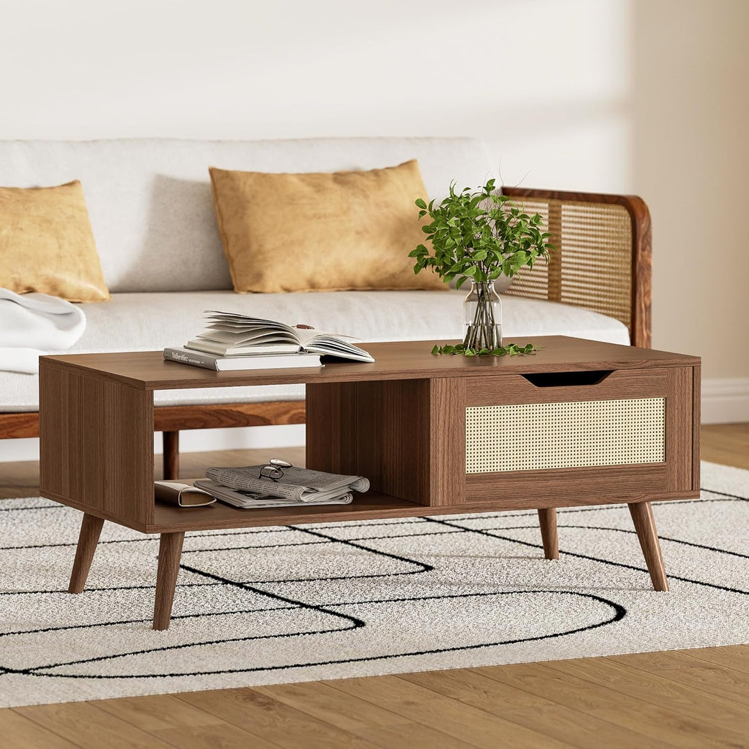 Rustic Rattan Coffee Table, Mid-Century Modern, Brown