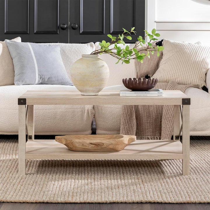 Sedalia Modern Farmhouse Metal X Coffee Table, White Oak