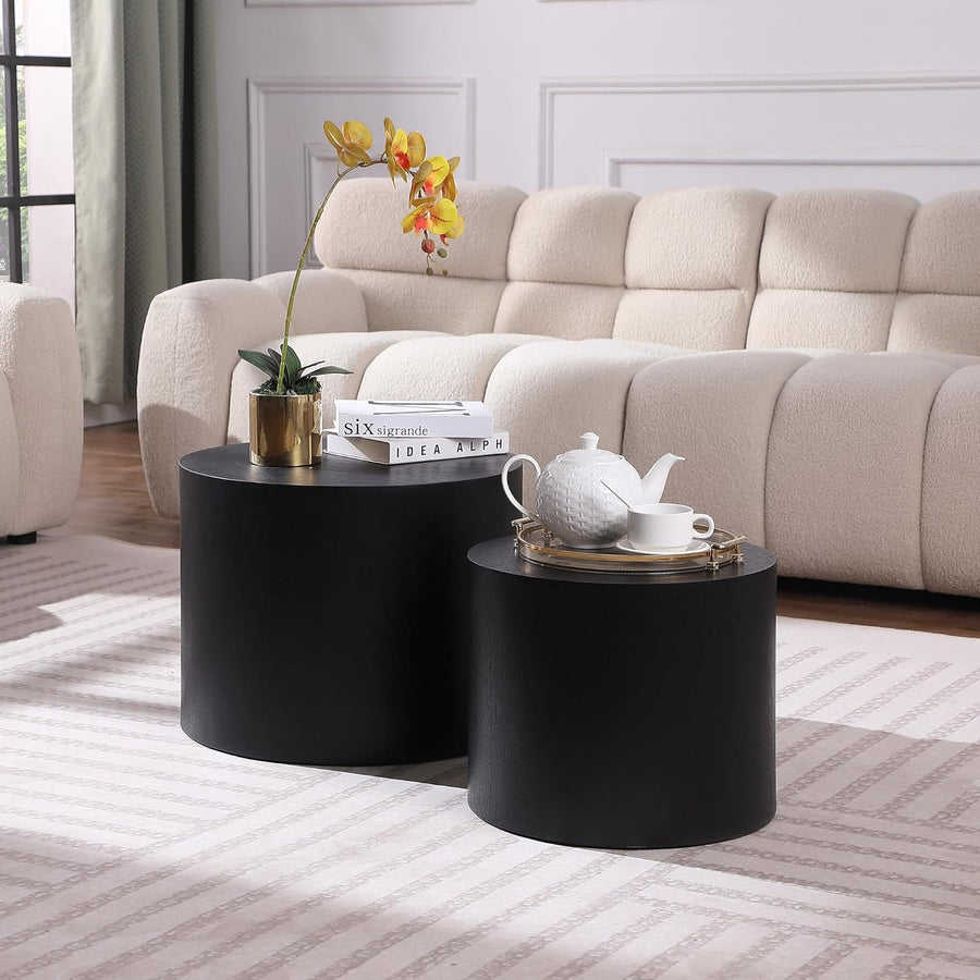 Elegant Black Round Coffee Table Set, Nesting Drum Side Tables, 18.89"round Black