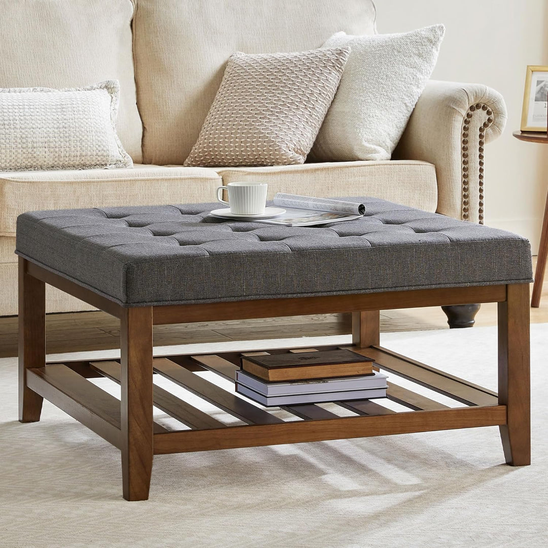 34" Square Ottoman Coffee Table, Button Tufted Upholstered, Dgrey