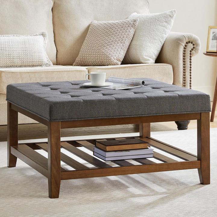 34" Square Ottoman Coffee Table, Button Tufted Upholstered, Dgrey