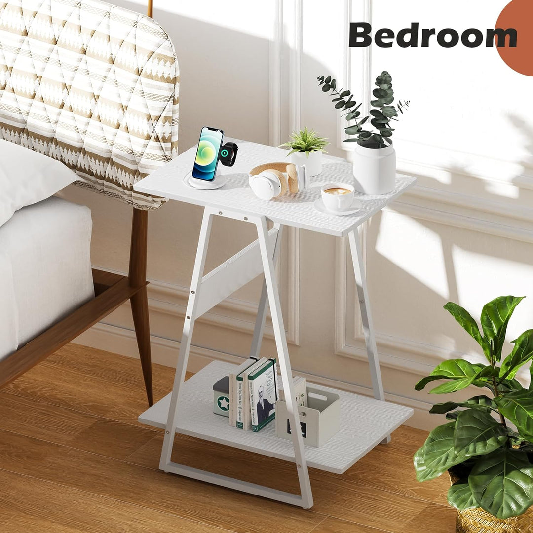 2-Tier End Tables, Slim Nightstand, White