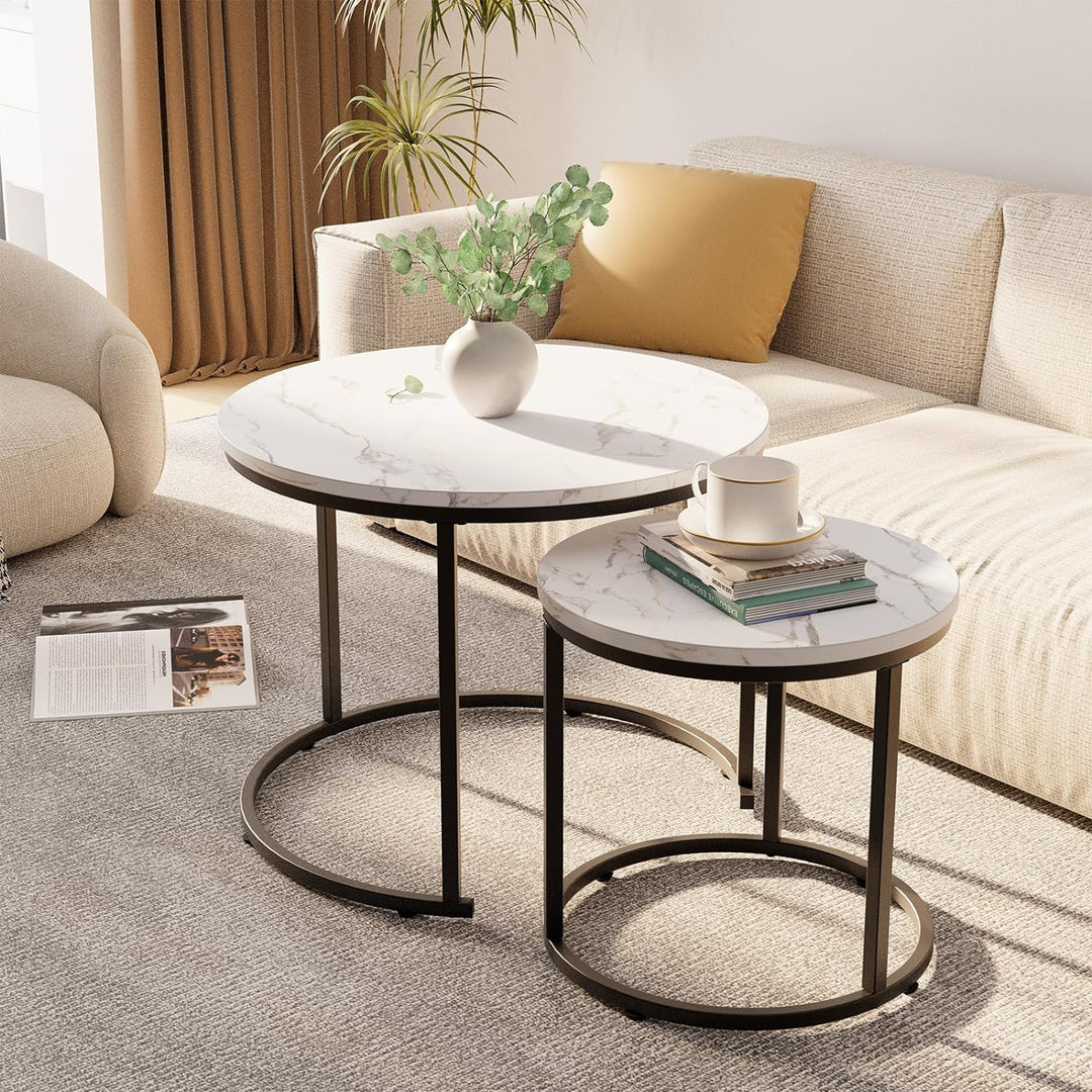 Elegant Round Nesting Coffee Table Set, Faux Marble Wooden Accent Tables, White