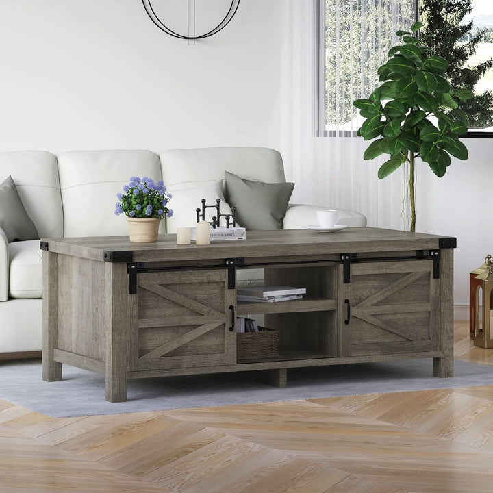 Farmhouse Coffee Table with Hidden Storage, Sliding Doors, Dark Grey