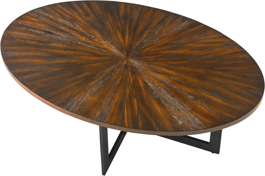 Oval Coffee Table, Solid Wood and Metal, Natural Brown