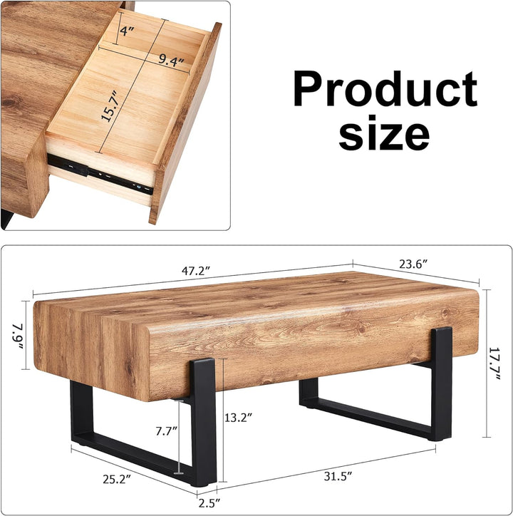 Stylish Rectangular Coffee Table With Drawers, Walnut Wood