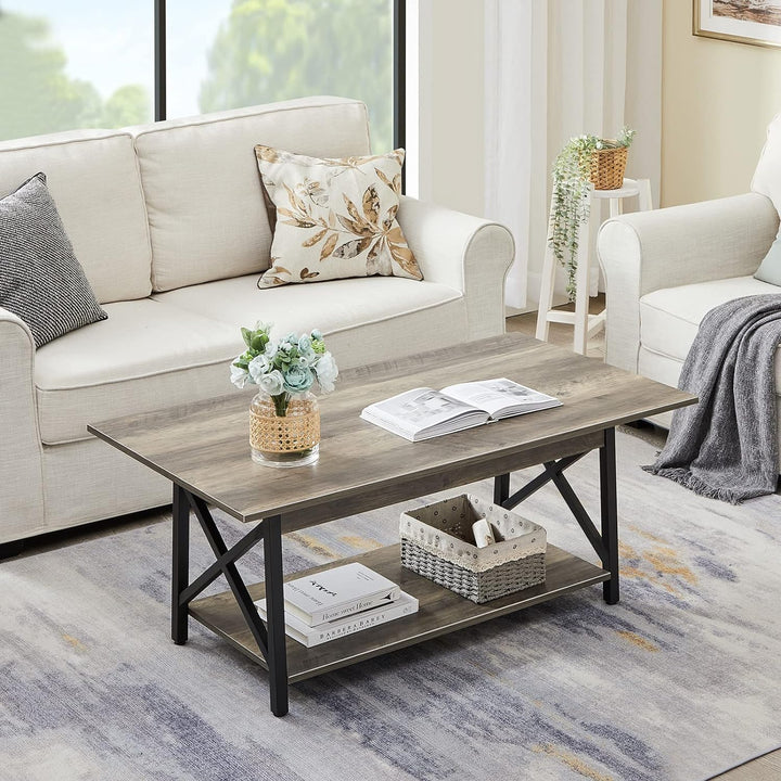 Rustic Farmhouse Coffee Table with Storage Shelf, Gray Wash