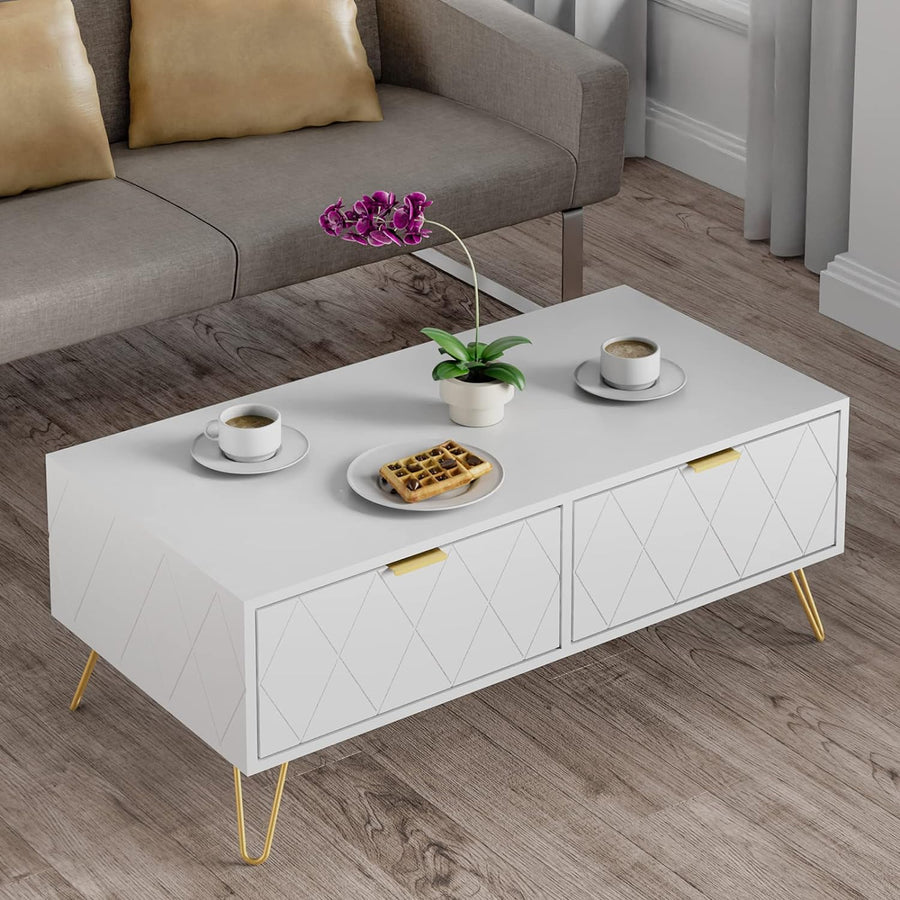 Scurrty Modern Coffee Table with Drawers, Open Shelves, Gold, White