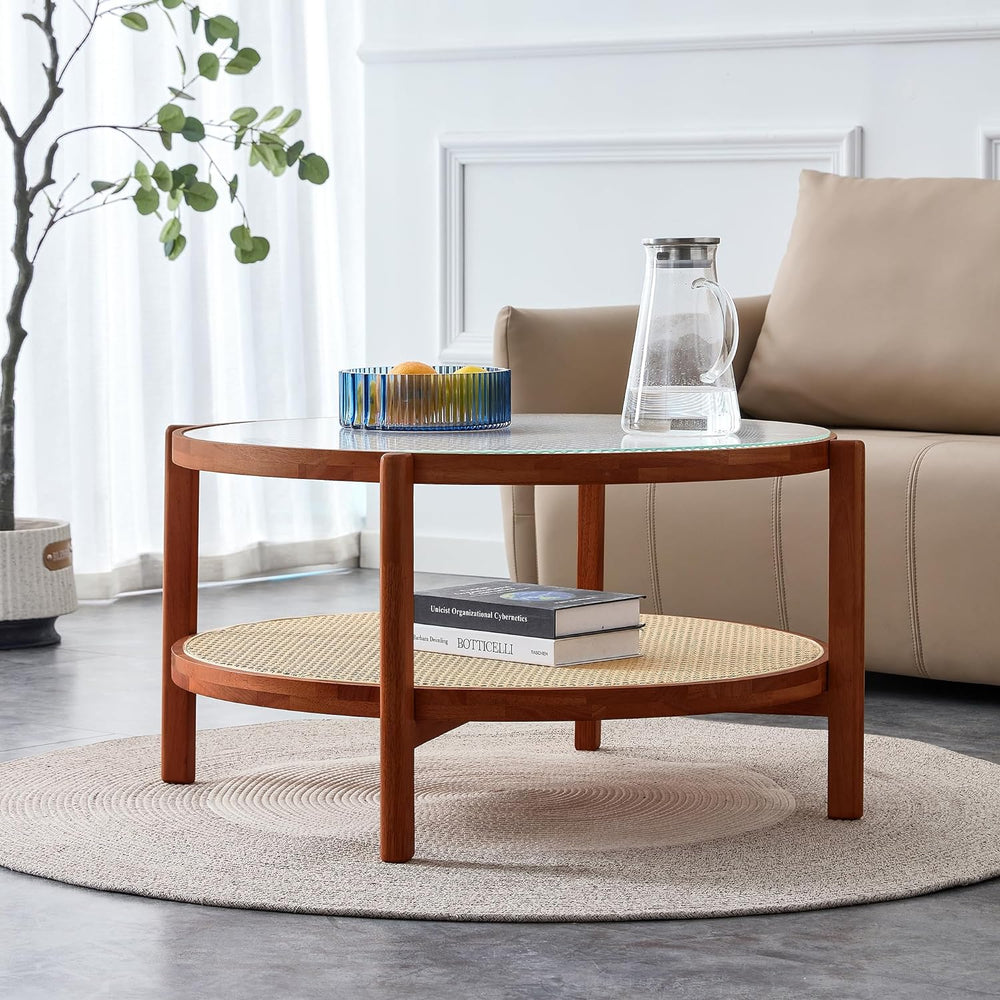 Stylish Circular Double-Layer Wood and Rattan Coffee Table, 31.5'