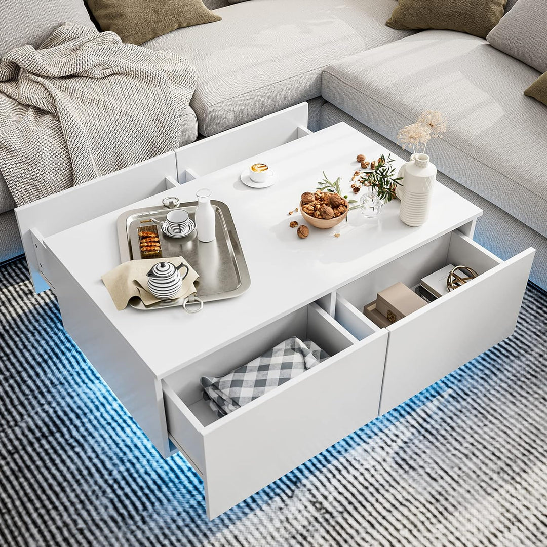 Modern White LED Coffee Table with 4 Drawers, 16 Color Lighting