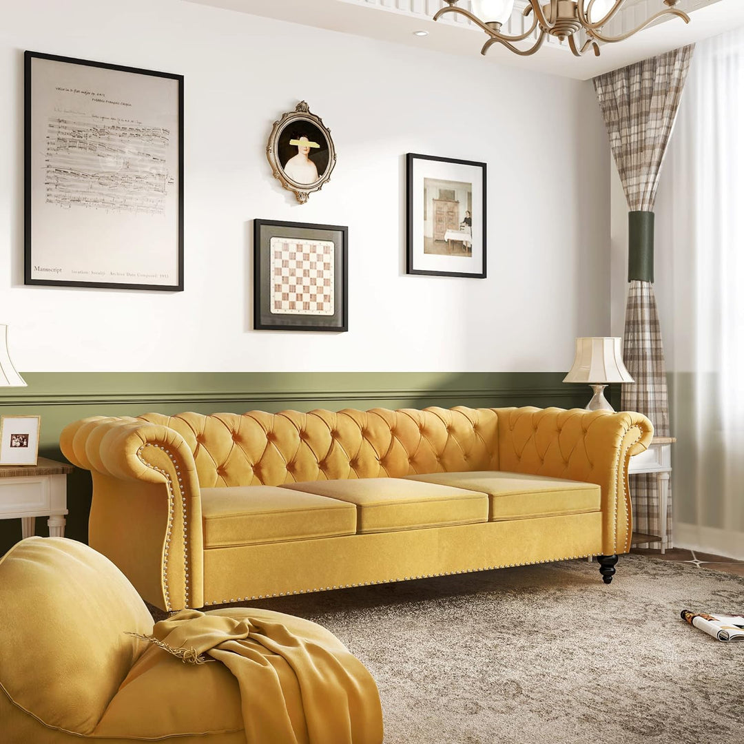 Chesterfield Sofa Velvet, Modern Tufted Couch 3 Seater