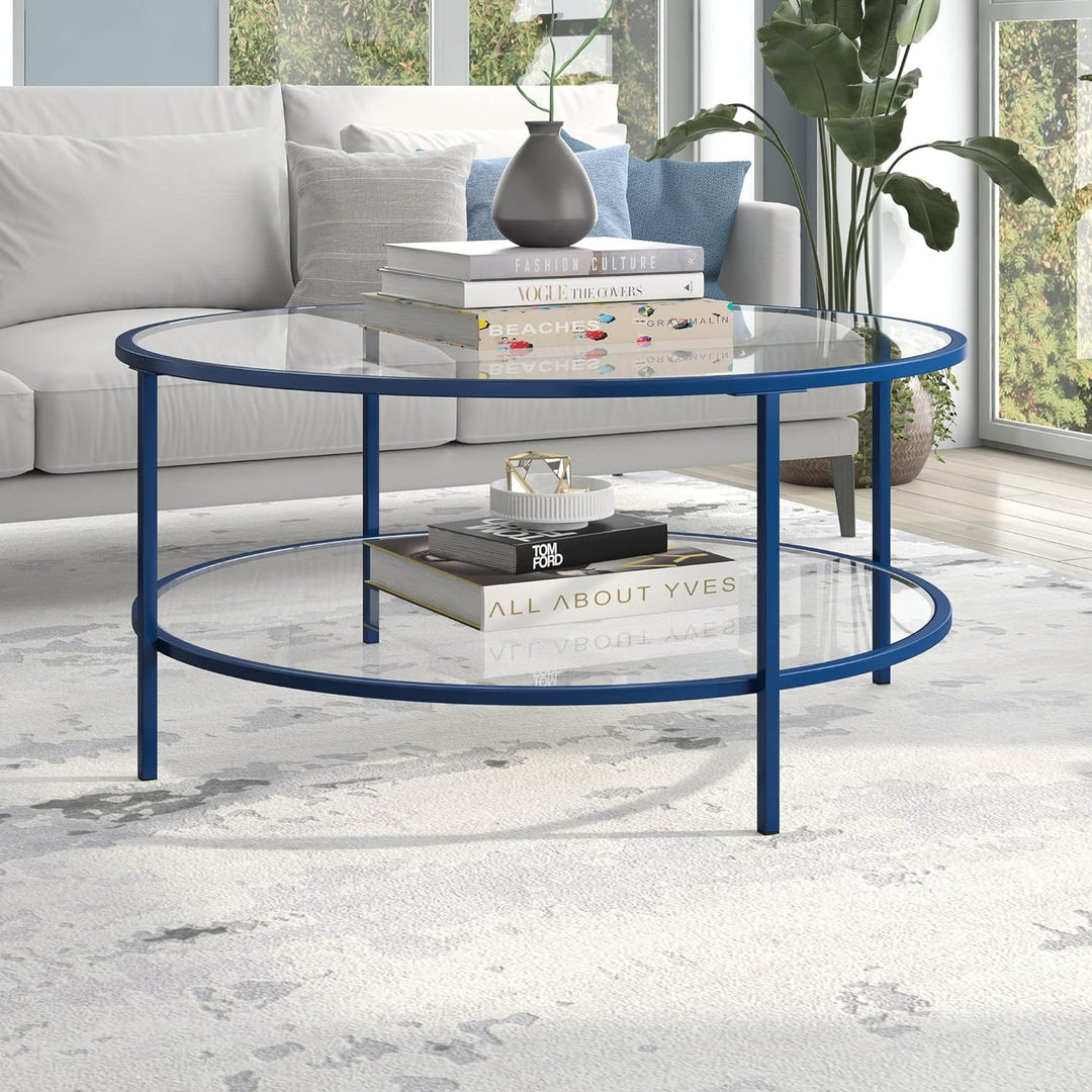 Mykonos Blue Round Coffee Table with Glass Top, Modern Furniture