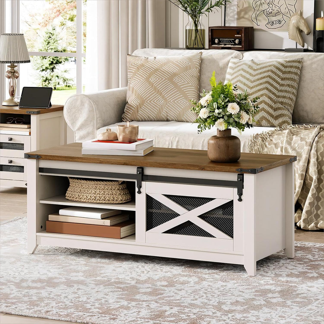 White Farmhouse Coffee Table, Rectangular with Adjustable Shelves