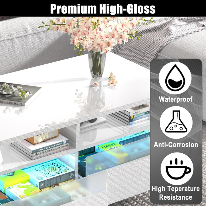 Modern High Gloss White LED Coffee Table with Storage Drawers